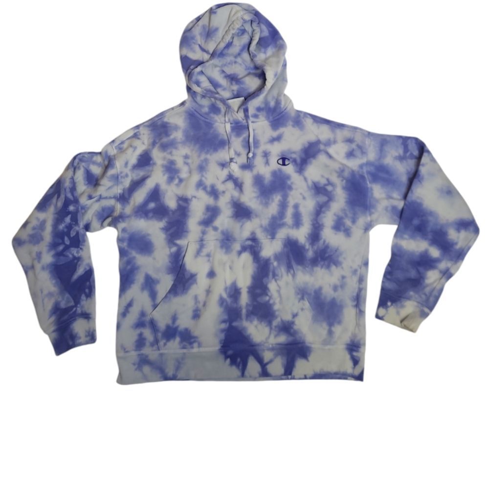 CHAMPION blue tie dye relaxed fit fleece pullover‎ hoodie sweatshirt M